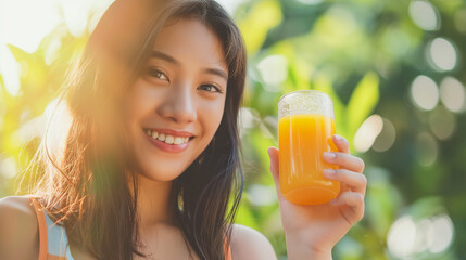 Young Asian woman drinking orange juice