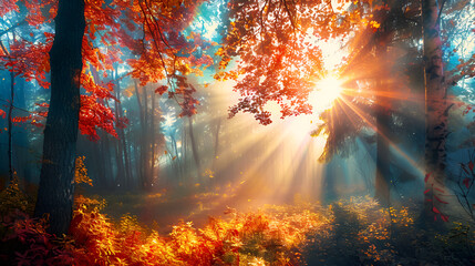 Sunset in the forest with sunbeams in the morning,Autumn forest with sunbeams in the morning, nature background,Autumn forest nature. Vivid morning in colorful forest with sun rays through branches 
