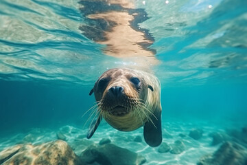 Fototapeta premium Curious Gaze from the Deep: A playful sea lion locks eyes with the camera, its whiskered face full of charm, in this captivating underwater portrait. 