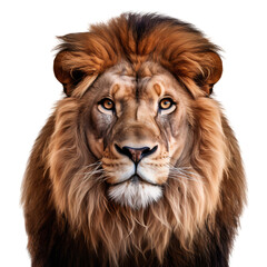 Fototapeta premium The face of a male African lion, looking straight into the camera. Isolated on transparent background