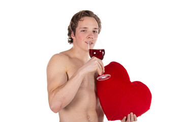 Holiday Valentine's Day. Handsome young man in cupid costume posing against white background.
