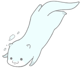 An otter swimming underwater towards the bottom left(sky blue)