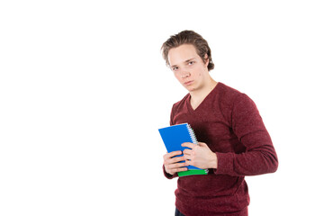 Study and work. Attractive student posing against white background.