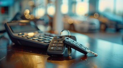 Car showroom with two remote keys meticulously arranged next to a calculator on the work desk of a car salesman or salesman.