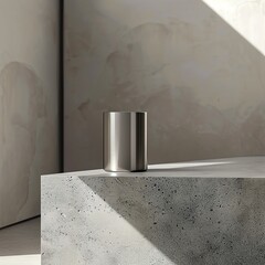 Metallic silver tumbler showcased on a minimalist grey stone podium, providing a sophisticated backdrop for luxury branding - obrazy, fototapety, plakaty