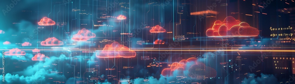Poster futuristic cloud computing network visualization.