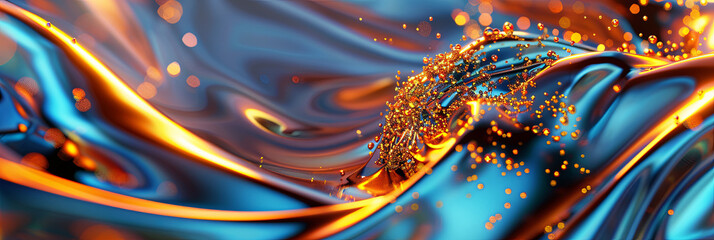 abstract background with blue and orange golden swirl of liquid metal waves, generative AI
