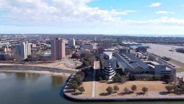 Newport News, Virginia, USA, Aerial cinematic 4k skyline video.
