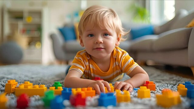 A toddler is playing with a pile of colorful plastic blocks on the floor.