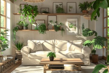 A living room with plants and art on the walls.
