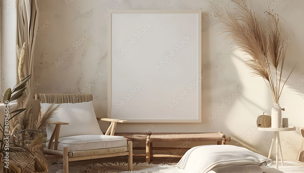 Poster nomadic boho style in a modern interior mockup with a rustic beige background with white frame