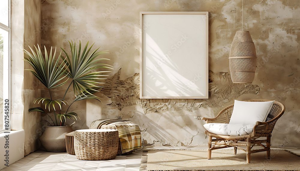 Poster nomadic boho style in a modern interior mockup with a rustic beige background with white frame