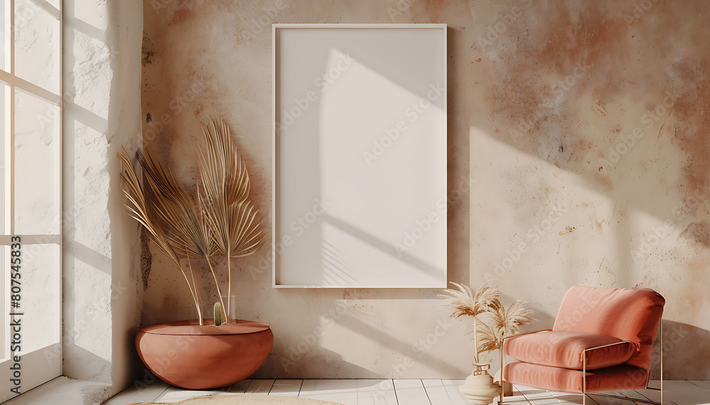 Aufkleber nomadic boho style in a modern interior mockup with a rustic beige background with white frame