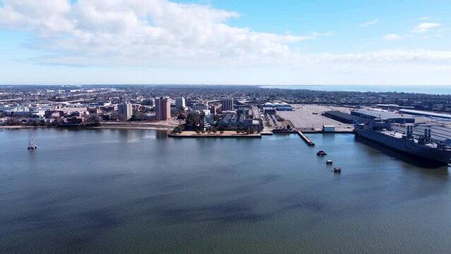 Newport News, Virginia, USA, Aerial cinematic 4k skyline video.