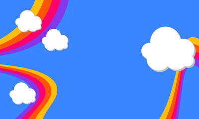 Children background with clouds, rainbow, blue sky. Vector illustration