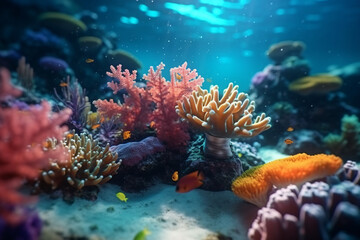 Colorful Coral Reef teeming with Fish in the Deep Blue Sea