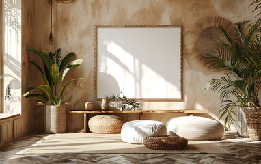 mockup of a nomadic boho-themed interior with modern elements, set against a rustic beige background with a white frame