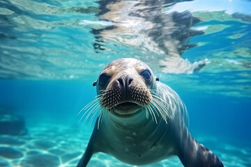 A sleek sea lion glides through the ocean with its wet fur glistening
A playful seal pup splashes in the shallow water
