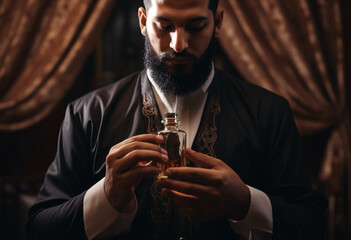 Arabic man with beard, wearing black thobe and tawiz or perfume bottle in his hands, background features dark brown curtains
