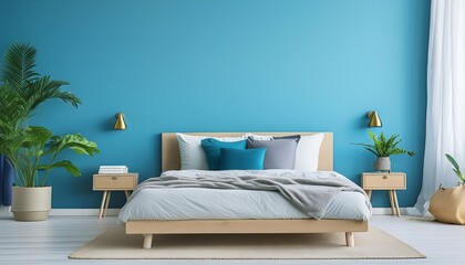 Bed against vibrant  blue wall with copy space. Minimalist interior design of modern bedroom