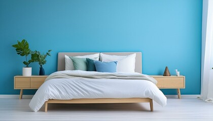 Bed against vibrant  blue wall with copy space. Minimalist interior design of modern bedroom