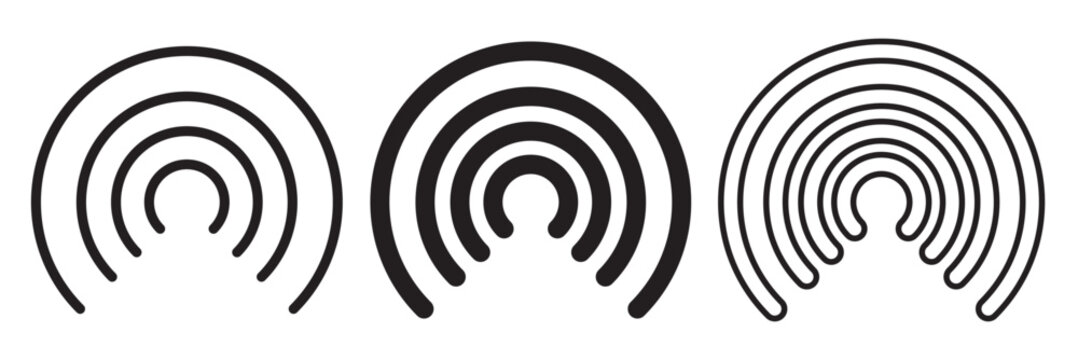 Radio tower icon set. Internet and mobile connection. Linear style. Signal set vector icons. Radio signals waves and light rays, radar, wifi, antenna and satellite signal symbols.