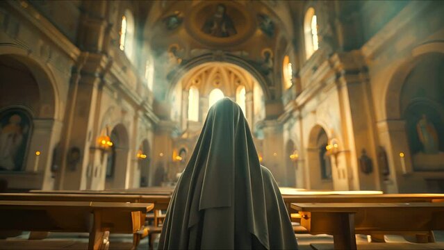A nun is praying in a church.