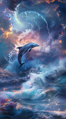 digital art, background dolphins in the ocean