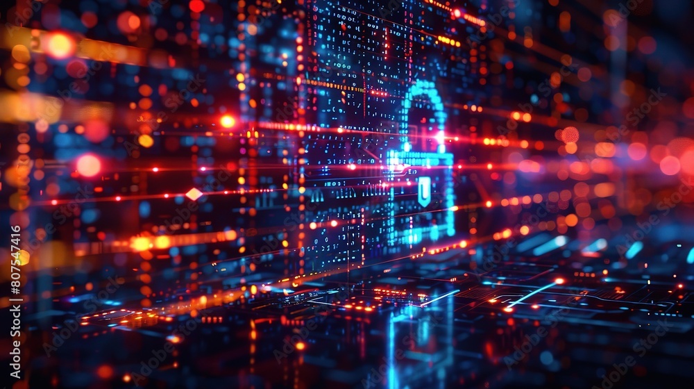 Poster cybersecurity in action, with vibrant colors and futuristic elements symbolizing the dynamic and eve