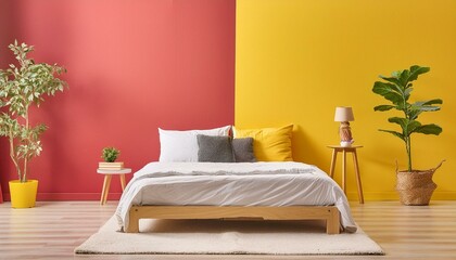 Bed against vibrant red and yellow wall with copy space. Minimalist interior design of modern bedroom