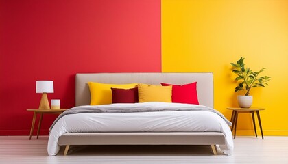 Bed against vibrant red and yellow wall with copy space. Minimalist interior design of modern bedroom