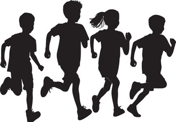 silhouettes of running children vector illustration, group of active kids playing clipart graphic, front view