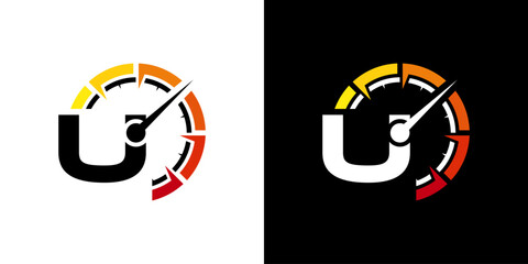 Letter U racing logo, with logo speedometer for racing, workshop, automotive