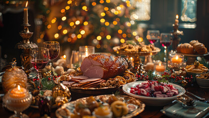 Christmas decorations family dinner table. Created with Ai