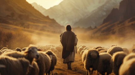 Jesus Christ standing in the middle of flock sheep and sheeps.