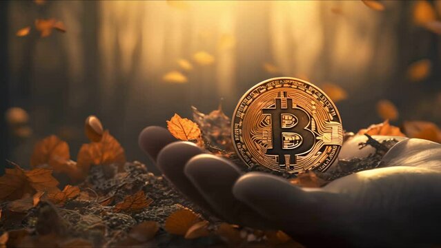 A hand holding a gold bitcoin with autumn leaves in the background.