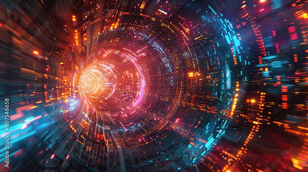 Poster cybersecurity in action, with vibrant colors and futuristic elements symbolizing the dynamic