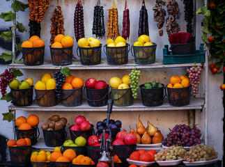 fresh fruits and traditional Georgian Churchkhela, each item meticulously placed to showcase its...