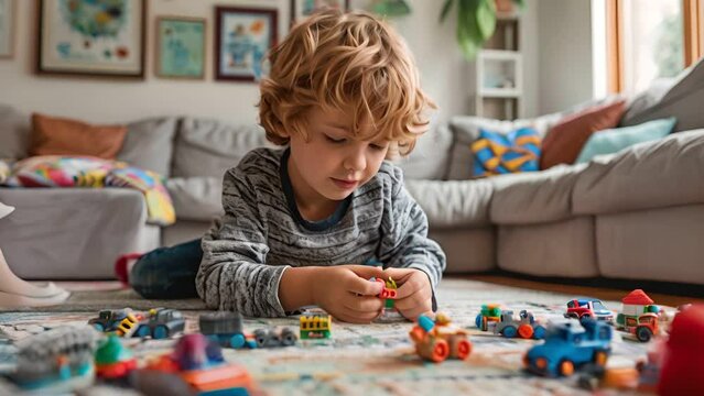 Thoughtful young boy playing with his toy cars on the floor