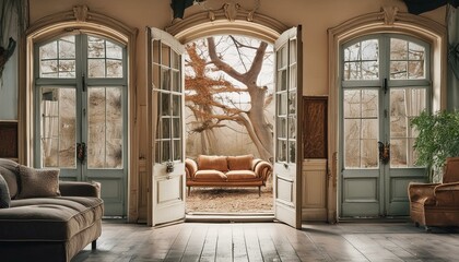 French doors leading to living room of an abandoned house,interior, room, home, chair, table, house, window, furniture, hotel,