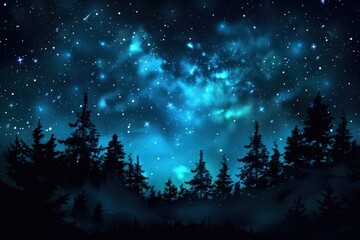 Naklejka premium Starry sky with Milky Way, starry night in the forest, northern lights.