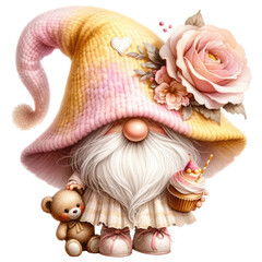 A cute cartoon gnome wearing a pink and yellow hat and holding a cupcake. The gnome is standing next to a pink rose and has a teddy bear friend.
