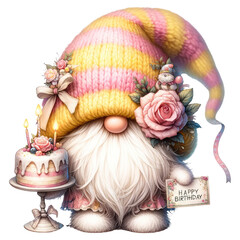 Cute cartoon gnome holding a birthday cake with a candle on it