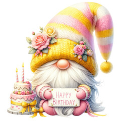 Cute cartoon gnome holding a cake with candles and a sign that says happy birthday. The background is transparent.