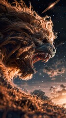 Alien Beast, Hairy, Ferocious creature lurking near a quasar, Photography, Golden Hour, Vignette, Long shot