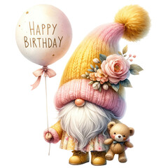 Cute cartoon gnome holding a happy birthday balloon and a teddy bear.