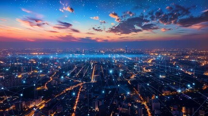 Aerial view of a city illuminated with digital connectivity lines and nodes, symbolizing a networked smart city