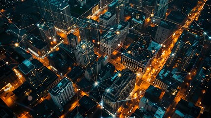 Fototapeta premium Aerial view of a city illuminated with digital connectivity lines and nodes, symbolizing a networked smart city