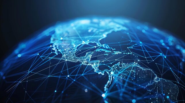 Blue network mesh covering the globe, indicating global connectivity and internet infrastructure
