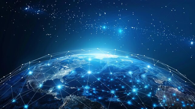 Blue network mesh covering the globe, indicating global connectivity and internet infrastructure